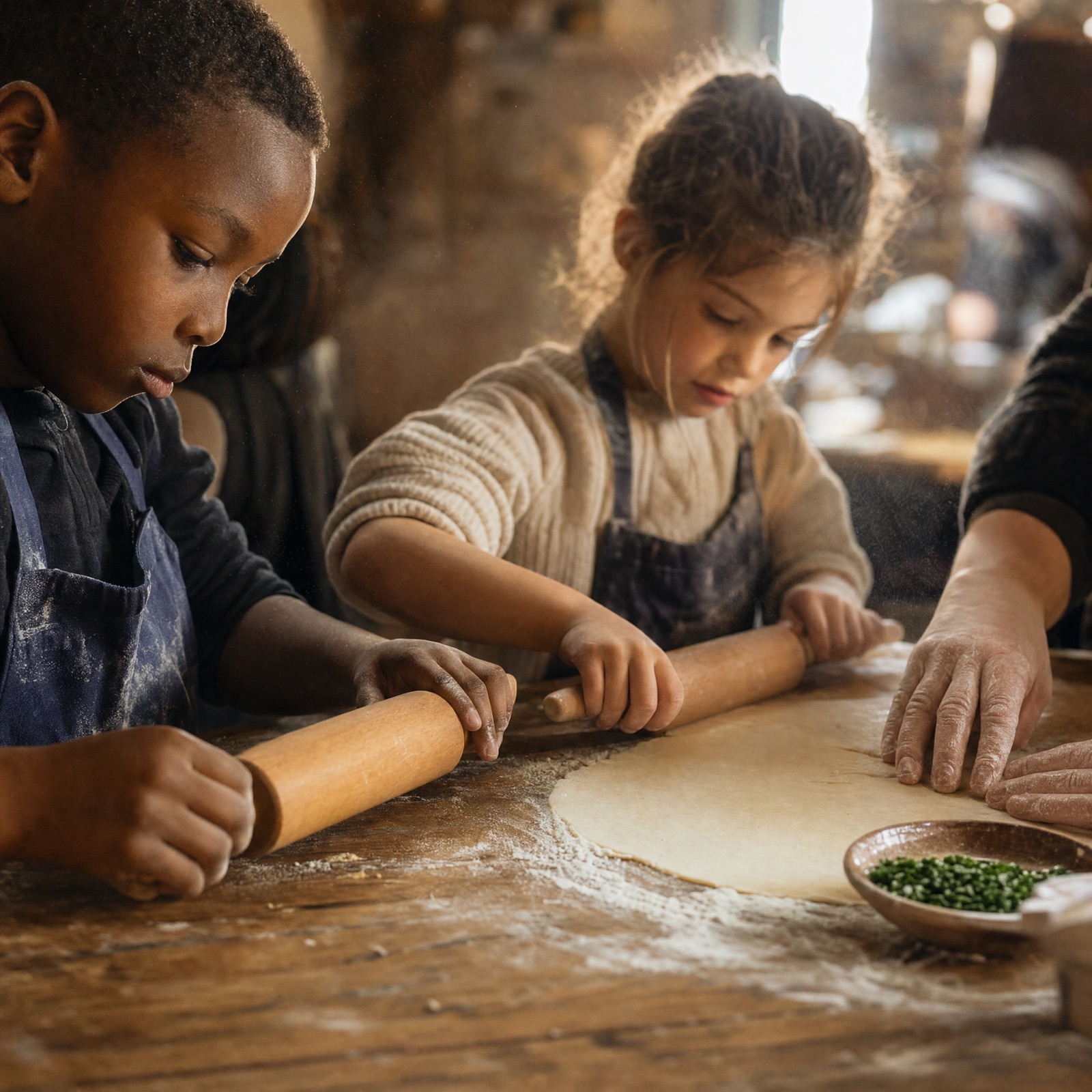 Enfants cuisinant ensemble dans nos ateliers à Lille